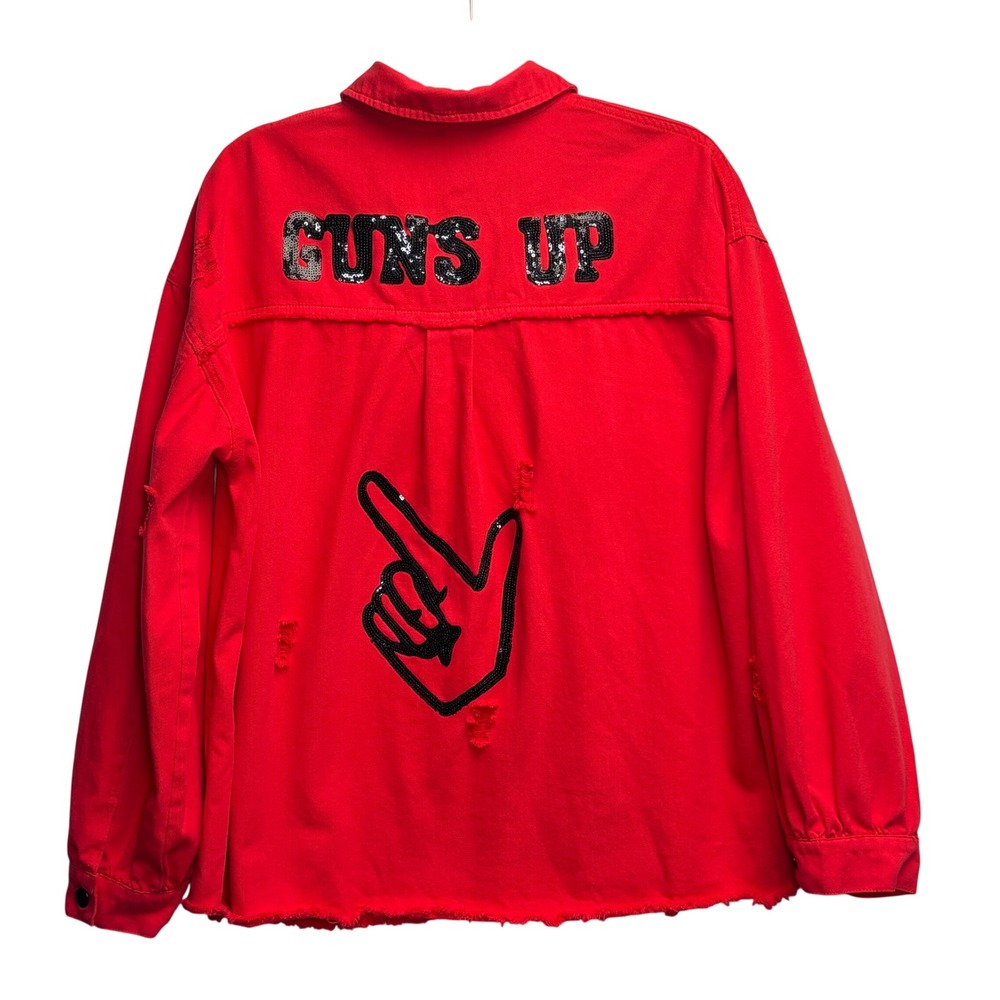 Texas Tech Red Raiders Denim Shirt Jacket Womens XL Distressed Sequin Guns Up - Picture 2 of 11